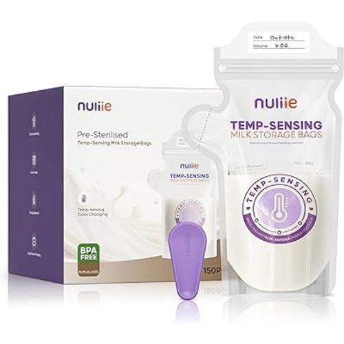 Nuliie 150pcs Temp-Sensing Breastmilk Storage Bag, Huge Temp-Sensing Icon & Locking Clamp, 6oz Breast Milk Storage Bags Freezer Pour Spout, Self Standing Milk Storage Bags Breastmilk, BPA-Free No-Leak