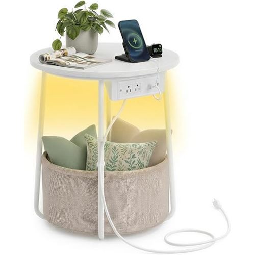 VASAGLE LILEA Collection - Side Table with Charging Station, Round End Table with Fabric Basket, LED Nightstand with USB Ports, Modern, for Living Room, Matte White and Camel Brown ULET227W01