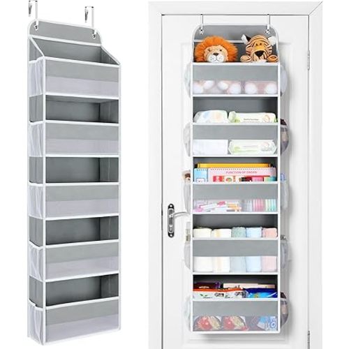 Yecaye Over The Door Organizer Storage, 5-Tier Heavy Duty Door Organizers Hanging with 10 Side Mesh Pockets, 44 lbs Load Capacity Behind Door Storage for Bathroom Nursery Bedroom Dorm Closet,Grey,1Pc
