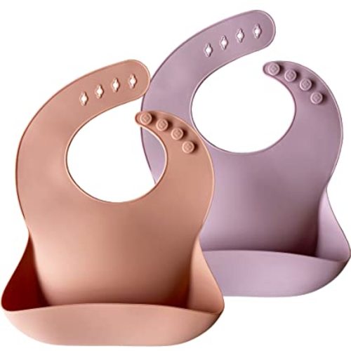 Moonkie Silicone Baby Bibs Set of 2, BPA Free Waterproof Baby Bibs for Eating, Soft Adjustable Silicone Bibs for Babies 6-12 Months, Toddler Bibs with Large Pocket Food Catcher (Muted/Pale Mauve)