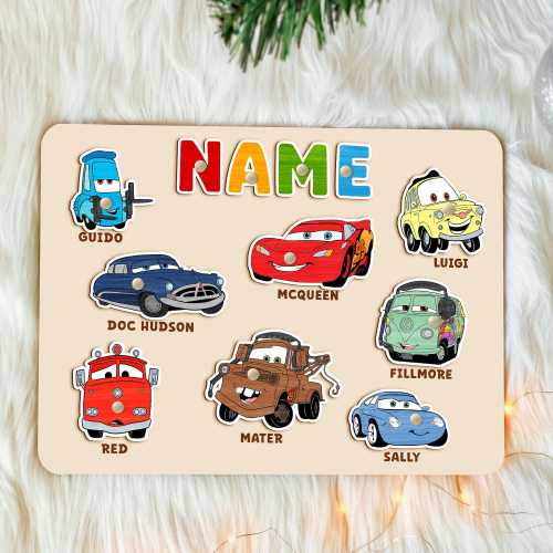Customized Name Disney Cars Characters Puzzle Board, Lightning McQueen Puzzle Board, Disney Cars Baby Toy Montessori, Kid First Birthday