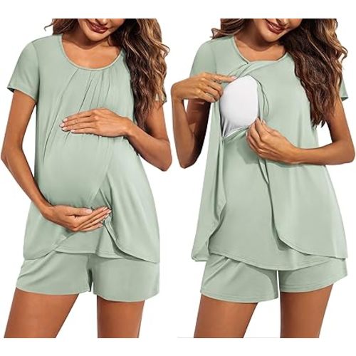Ekouaer Women's Maternity Nursing Pajamas Set Breastfeeding Sleepwear Double Layer Short Sleeve Top & Shorts Nursing Pjs