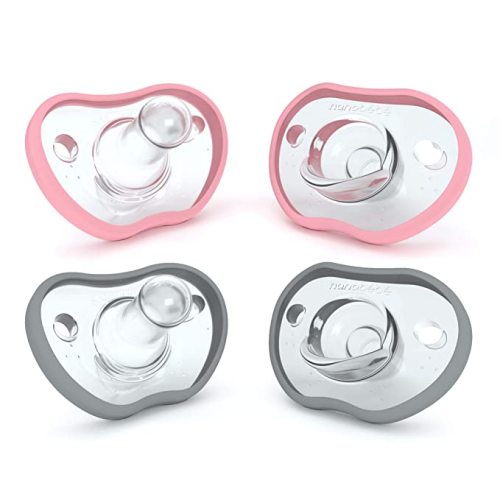 Nanobebe Baby Pacifiers 0-3 Month - Orthodontic, Curves Comfortably with Face Contour, Award Winning for Breastfeeding Babies, 100% Silicone - BPA Free. Baby Registry Gift 4pk,Pink/Grey - 4 Count (Pack of 1) - 0-3 Months Pink/Grey