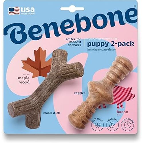 Benebone Puppy 2-Pack Maplestick/Zaggler Durable Dog Chew Toys for Gentle Chewers, Real Bacon, Real Maplewood, Made in USA, Tiny