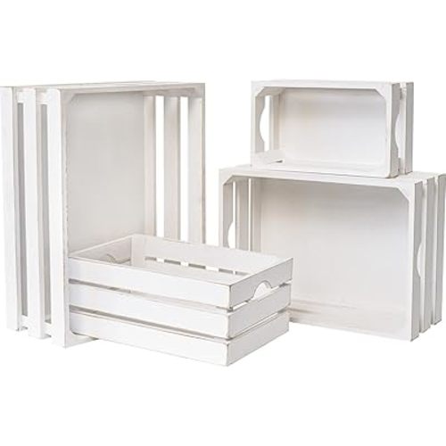 Set of 4 Large Wooden Crates Decorative, Whitewashed Nesting Wooden Crates for Display Rustic, Farmhouse Wooden Storage Container Boxes Made from 100% Wood
