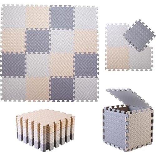 16 Tiles Foam Play Mat for Baby, Soft & Safe EVA Foam Mats for Floor, Square Baby Play Mat, Solid Colored Kids Foam Puzzle Floor Mat, 47x47 Play Mat for Playpen(White/Beige/Gray)