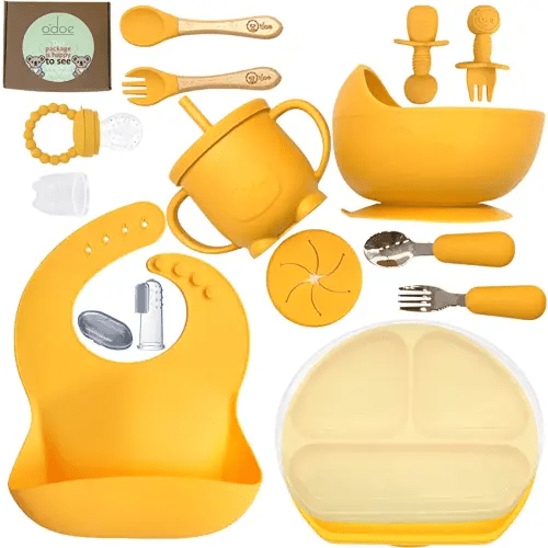 O'doe 17-Pcs Silicone Baby Feeding Set – Baby Led Weaning Supplies With Suction Plates For Toddlers, Baby Plates and Bowls Set | Yellow V2