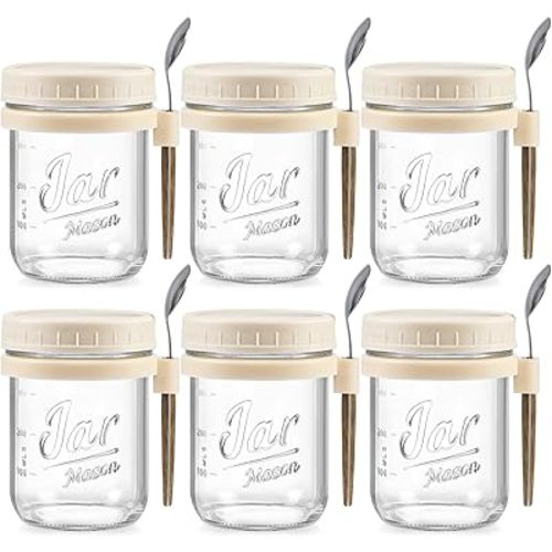 LANDNEOO 6 Pack Overnight Oats Containers with Lids and Spoons, 16 oz Glass Mason Overnight Oats Jars, Large Capacity Airtight Jars for Milk, Cereal, Fruit(Beige