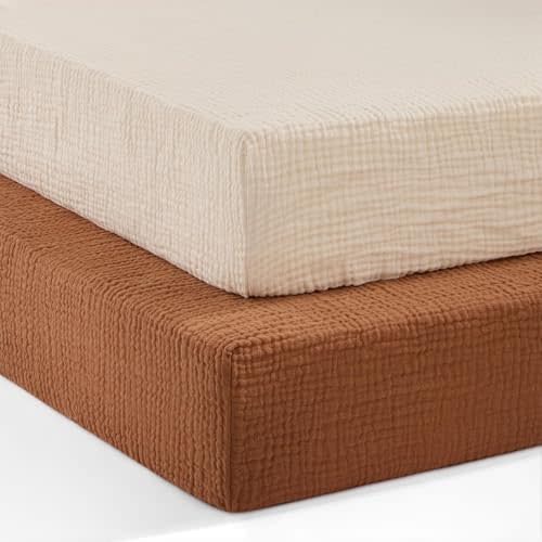 Pro Goleem 2 Pack Muslin Crib Sheets for Boys and Girls, 100% Cotton Soft Breathable Neutral Fitted Baby Bed Sheets Set for Standard Crib Mattress & Toddler Mattress 52"x28", (Brown&Beige)