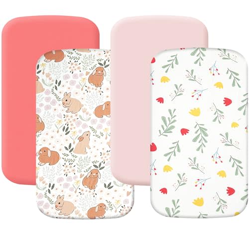 4 Pack Bassinet Sheets (20" x 33"), Compatible with Angelbliss, YADAQE, Maxi-COSI Iora/Swift, Pamobabe, BIERUM and Papablic Baby Bassinet, Soft and Skin-Friendly, Pink Rabbit