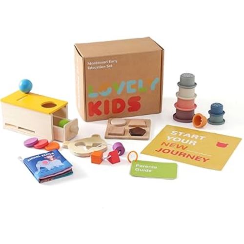 OESSUF Montessori Toys Set for 6-12 Months, 6 in 1 Learning Educational Toys Wooden Baby Sensory Toys Gift with Coin Box & Object Permanence Box, Stacking Cups, Shape Puzzles, Soft Book