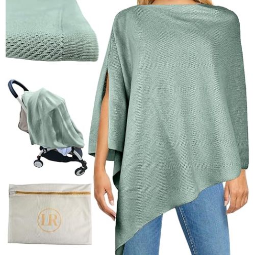 Peekaboo Nursing Cover Up for Breastfeeding - Breathable Knit - Soft Organic Cotton & Cashmere Breast Feeding Poncho for Women - Privacy Feature - Includes Mesh Laundry Bag (Sage)