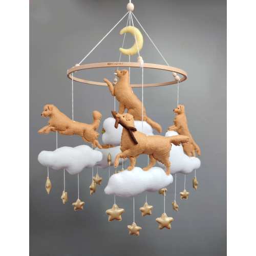 Playing golden retriever dogs baby mobile nursery decor, golden retriever baby shower gift crib hanging, mom to be gift custom dog mobile