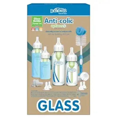 Dr. Brown's Natural Flow® Anti-Colic Options+™ Narrow Glass Baby Bottle Starter Set with Silicone Sleeves,Brush and Soft 100% Silicone HappyPaci™ Pacifier for Newborns