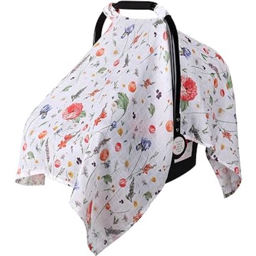 Rquite Car Seat Cover Baby, Carseat Covers Baby for Girl Boy, Muslin Cotton Infant Car Seat Cover, Lightweight Car Seat Canopy, Breathable Baby Carrier Cover, Summer Stroller Sun Shade, Floral