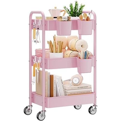 YASONIC 3-Tier Metal Rolling Cart, Heavy Duty Utility Cart with Lockable Wheels, Hanging Cups, Hooks, Mesh Rolling Storage Cart Craft Organizer, Lightweight and Sturdy, Pink