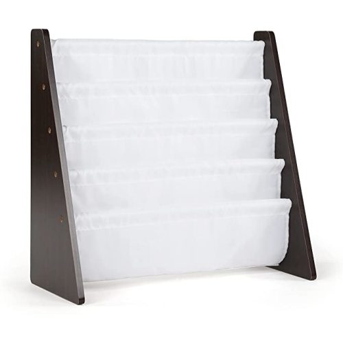 Humble Crew 4-Tier Kids Bookshelf, Espresso Wood/White - Premium Book Shelf for Kids Rooms with Four Deep Pockets - Toddler Sling Book Rack with Deep Sleeves, Nursery Bookcase Organizer