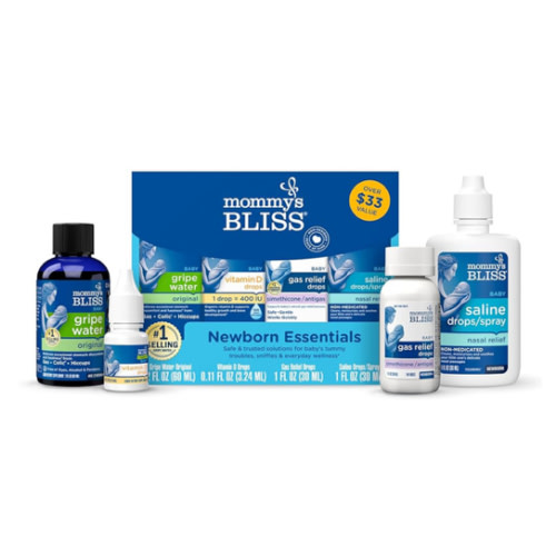 Mommy's Bliss 4-Piece Newborn and Baby Essentials Kit - With Gripe Water, Gas Relief Drops, Vitamin D 400IU, and Saline Drops/Spray - The Perfect Baby Gift.