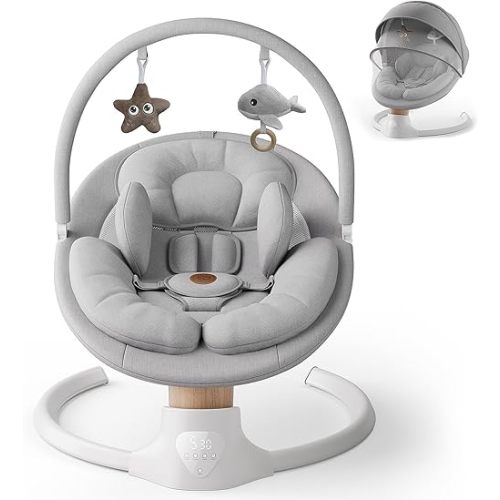 Baby Swings for Infants, FasonBaby Electric Baby Swing with Music Speaker, 5 Speeds, Remote Control and Bluetooth - Portable Infant Swing for Indoor and Outdoor (Gray)