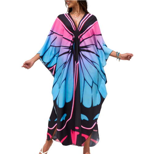 WULMLEO Kaftan Dresses for Women V Neck Batwing Sleeve Moomoo Nightgowns for Swimwear Plus Size Colorful Dresses Blue One Size