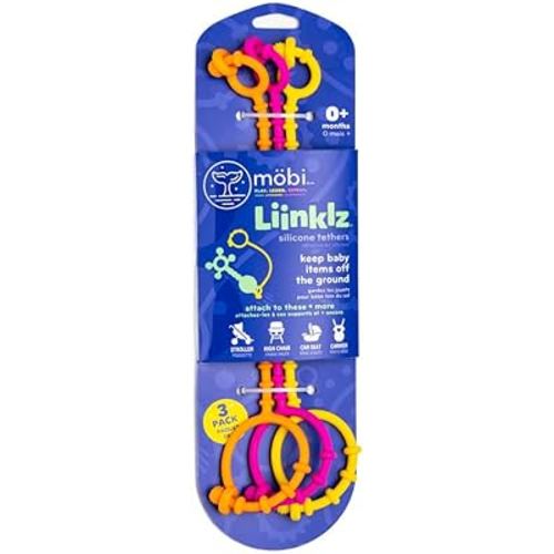 Mobi Liinklz Silicone Tethers - Flexible and Soft Toy Straps for Baby, Stroller Toy Safety Straps and Easy to Connect Baby Toy Holder - for Infants 0+ Months, Vibrant Colors (Pack of 3)