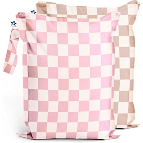 Tiny Twinkle MESS-proof Waterproof Wet Dry Bag | 2 Pack Reusable for Swimsuits, Gym & Baby Clothes | Leakproof Wet Clothes Bag, Beach Travel Essentials (Pink, Brown Checkers)