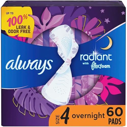 Always Radiant Overnight Feminine Pads for Women, Size 4 for Nighttime, with Wings, Scented, 60 CT