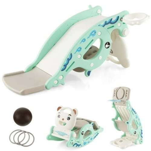 Kadyn Toddler Slide Rocking Toy, Climber Playground Slide,4-in-1 Kids Slide Rocking Horse with Basketball and Ring Toss-Green
