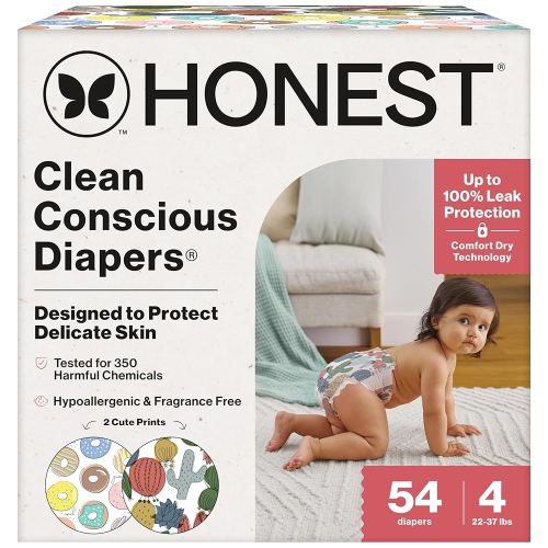 The Honest Company Clean Conscious Diapers for Sensitive Skin | Hypoallergenic, Fragrance Free | Gender Neutral Prints | Club Box, Size 4 (22-37 lbs), 54 Count (Prints May Temporarily Vary)
