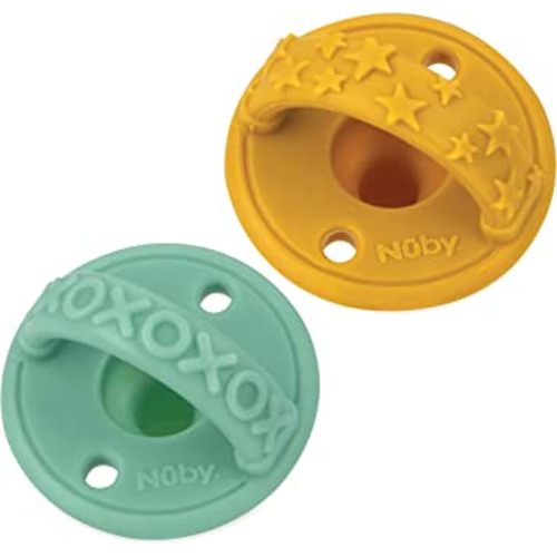 Nuby Sili Soother Baby Pacifiers with Soft Handle and Safety Air Holes - (2-Pack) - 0+ Months - Yellow Stars and Aqua