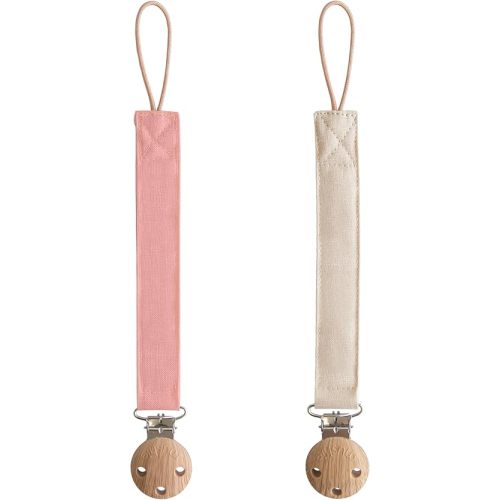 mushie Linen Baby Pacifier Clip Holder | Soft Fabric Strap, 2-Pack (Dusty Rose/Shifting Sand)