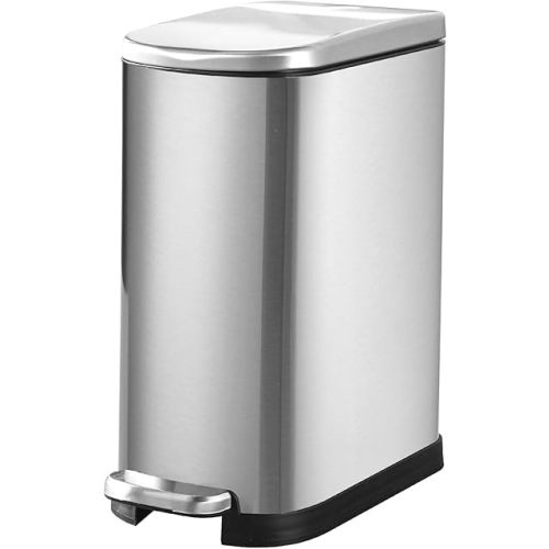 Bathroom Trash Can with Soft-Close Lid 3.5 Gallon Stainless Steel Garbage Can with Removable Inner Bucket Slim Trash Bins for Bedroom, Office (Silver)
