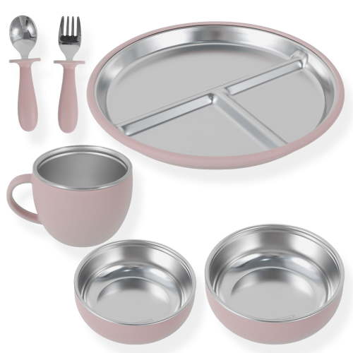 Sutowe 6Pcs Stainless Steel Baby Suction Plate Firm Adhesion Toddler Utensils with 4 Silicone Suction Cup Anti Drop for Children Infant