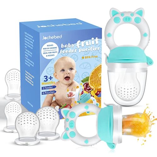 Baby Fruit Food Feeder Pacifier - Fresh Teething Pacifiers, Infant Fruit Teething Teether Toy for 3-24 Months, 6 Pcs Silicone Pouches for Toddlers & Kids & Babies, Piggy Handle 2-Pack (Blue)