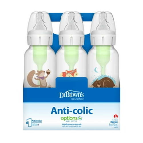 Dr. Brown's Natural Flow Anti-Colic Options+ Narrow Baby Bottle, Woodland, 8oz, Slow Flow, 0m+, 6 Pack