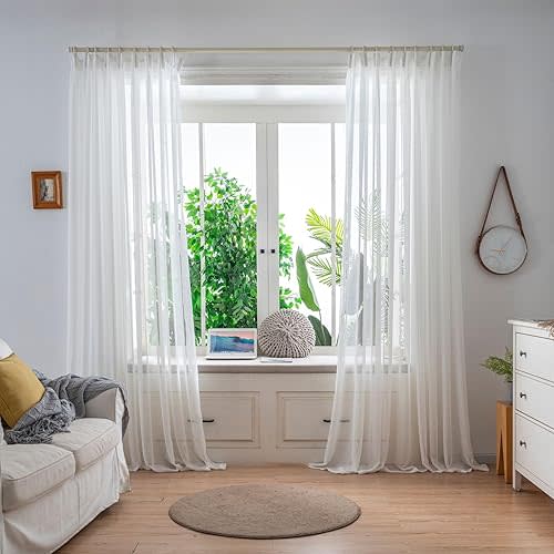 White Lightweight Sheer Curtains 84 Inches Long 2 Panels, 54 Inches Width, Semi-Transparent Hook Curtains, Soft Airy Drapes, Suitable for Bedroom and Living Room