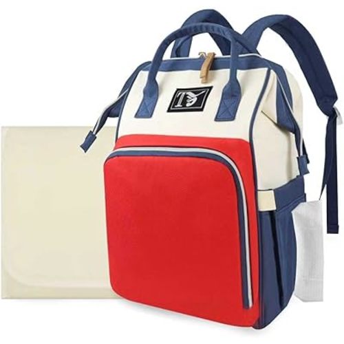Diaper Bag Backpack for Women - Multifunction Travel Essentials Baby Diaper Bag with Changing Pad, Large Backpack Baby Girl Boy, Insulated Bottle Holders & Stroller Straps (Red+Blue)
