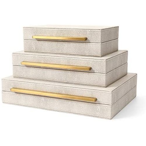 Kingflux Faux Ivory Shagreen Leather Set of 3 Pcs Decorative Boxes, Storage Boxes Jewelry Organizer, Men's Accessory Organizer (Ivory)