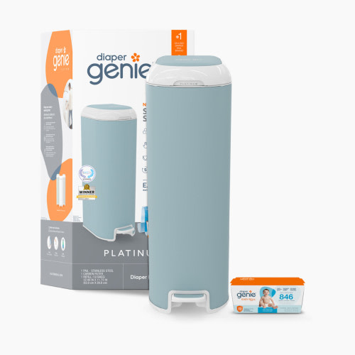 Diaper Genie Platinum Stainless Steel Diaper Pail with Easy Roll Refill Bags - Glacial Blue, Unscented