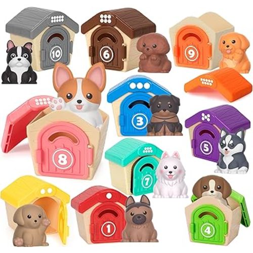 Toys for 1 2 3 Years Old Boys Girls, Counting and Color Sorting Toys - 10 Dog Finger Puppet Toys and 10 Puppy Houses Playset, Montessori Toys for 9+ Months, Birthday Gifts for Baby Toddlers Boys Girls