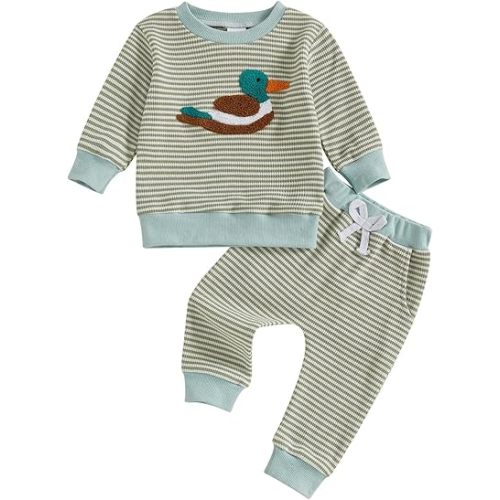 fhutpw Baby Toddler Boy Girl Fall Winter Clothes Embroidery Stripe Pullover Pants Sets Infant Long Sleeve Sweatshirt Outfits