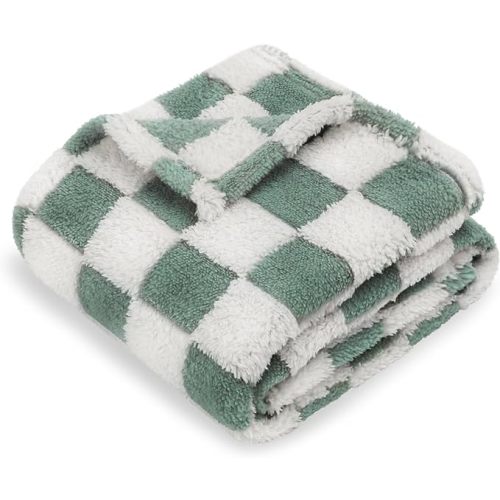 HOMRITAR Checkered Baby Blanket for Boys Sage Green Soft Fluffy Fuzzy Blankets with 3D Chessboard Grid, Warmer Comfort Reversible Lightweight Bed Blanket for Toddlers Infant or Newborn 30 x 40 Inch - Celadon