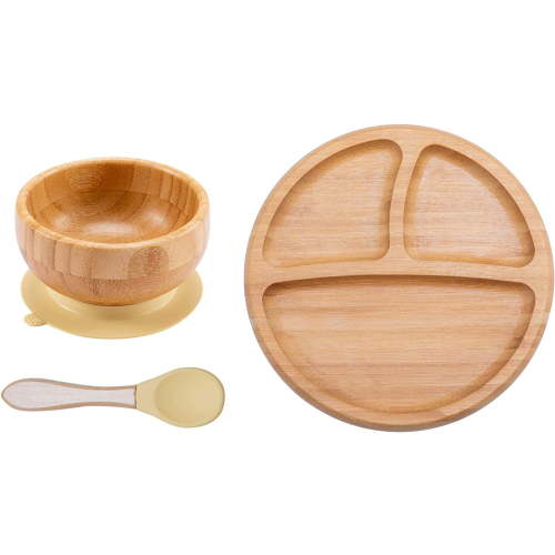 Mamimami Home Toddler Divided Bamboo Plate,Bowl & Spoon Set - 3PCs,Suction Plates and Bowls For Infant Feeding - BPA Free Yellow