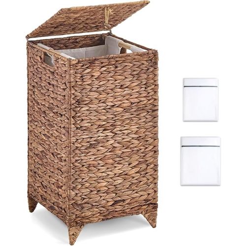 Handwoven Laundry Hamper with Lid, Natural Hyacinth Heightened Feet Laundry Basket, Wicker Clothes Hamper with Removable Liner Bag for Clothes and Towels