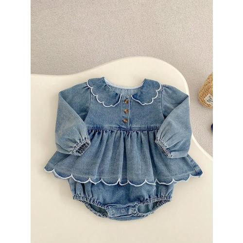 Autumn New Baby Romper, Baby Girl Ruffled Embroidery Romper, Casual Sweet Denim Triangle Crawling Romper (This Item Is In Loose Fit, Please Choose One Size Smaller If You Prefer A More Fitted Look) | SHEIN USA