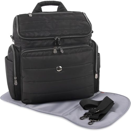 Fisher-Price Madison Crossbody Tote and Diaper Bag Backpack with Matching 6-Ply Fold Changing Pad, Insulated Bottle Pocket, Electronics Pocket, Stroller Straps and Dual Zipper Closure in Black