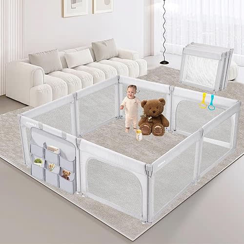Foldable Playpen for Babies and Toddlers,Shape & Size Adjustable Large Baby Playpen 71x79 inch,Safe and Stable Playpen with Zipper Doors,Outdoors and Indoors, Grey