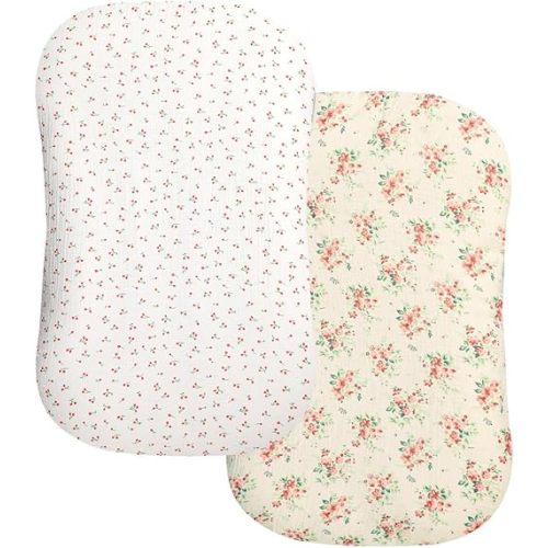 Hooyax Baby Lounger Cover 2 Pack - 100% Muslin Cotton Newborn Lounger Pillow Covers Only, Soft Breathable Infant Lounger Cover with Reinforced Stitching, Fits Most Standard Baby Loungers (Floral)