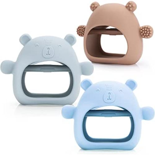 Baby Teether Toy for Infants 3+ Months, Bear BPA Free Anti-Drop Silicone Mitten Teething Toy for Soothing Pain Relief, Silicone Mitten Teether for Sucking Needs (Blue,Brown,Green)