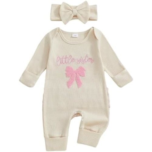 Merqwadd I'm New Here Outfit Baby Girl Long Sleeve Waffle Bow Jumpsuit Newborn Coming Home Outfit